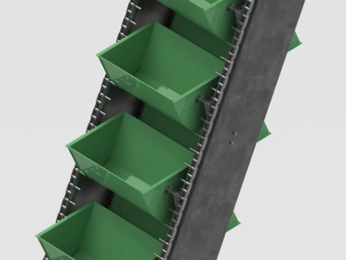 Bucket Elevator Belt — green steel buckets on inclined elevator belt